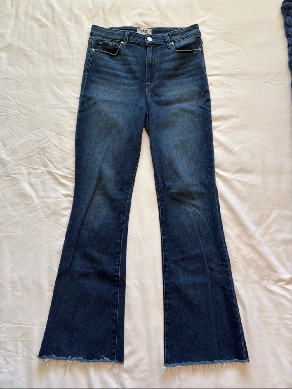 PAIGE Dark Blue High-Rise Flare Jeans with Raw Hem